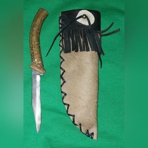 Vintage Antler Handle 9" Knife Colonial Providence R.I. Handmade Buckskin Sheath